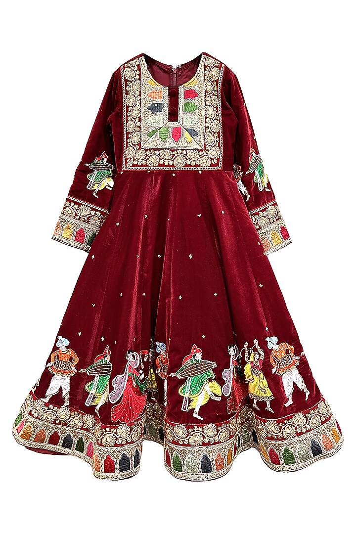 Maroon Velvet Embellished Anarkali Set For Girls by Alyaansh Couture at Pernia's Pop Up Shop