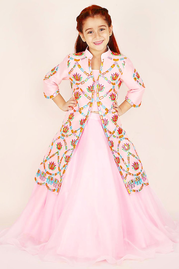 Pink Organza Applique Embroidered Jacket Lehenga Set For Girls by Alyaansh Couture at Pernia's Pop Up Shop