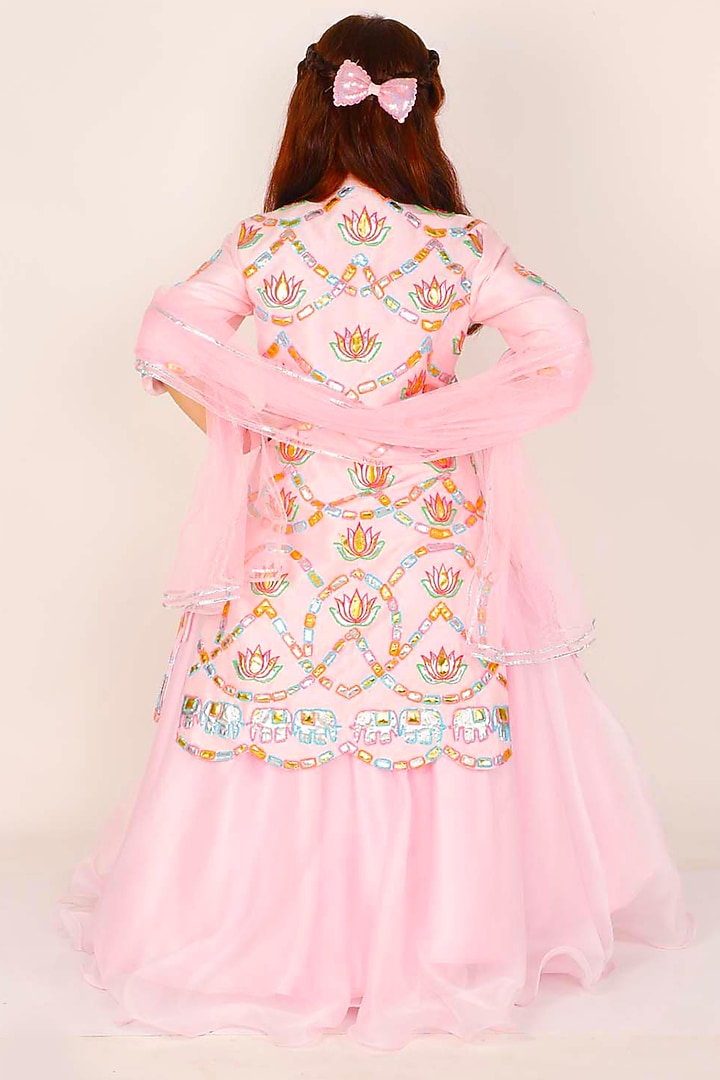Pink Organza Applique Embroidered Jacket Lehenga Set For Girls by Alyaansh Couture at Pernia's Pop Up Shop