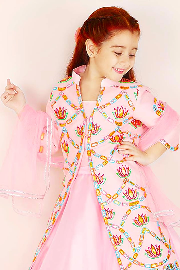 Pink Organza Applique Embroidered Jacket Lehenga Set For Girls by Alyaansh Couture at Pernia's Pop Up Shop