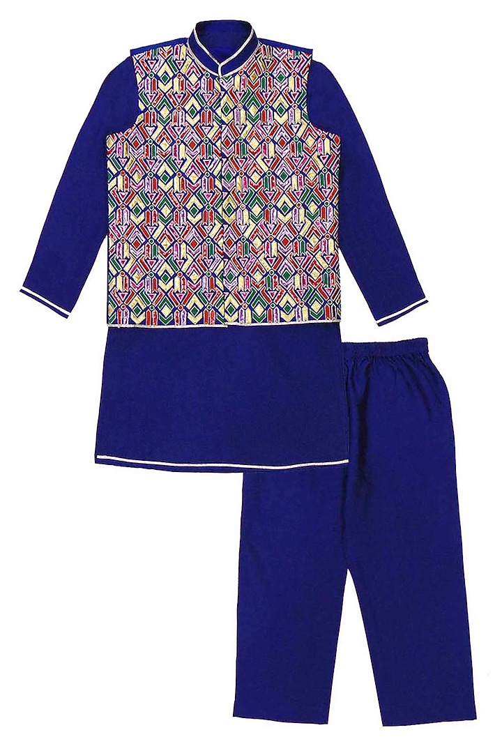 Blue Raw Silk Applique Embroidered Bundi Jacket Set For Boys by Alyaansh Couture at Pernia's Pop Up Shop