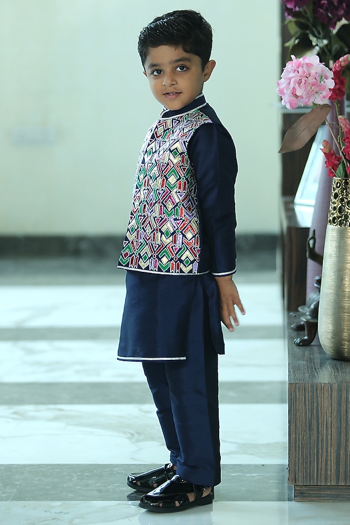 Blue Raw Silk Applique Embroidered Bundi Jacket Set For Boys by Alyaansh Couture at Pernia's Pop Up Shop
