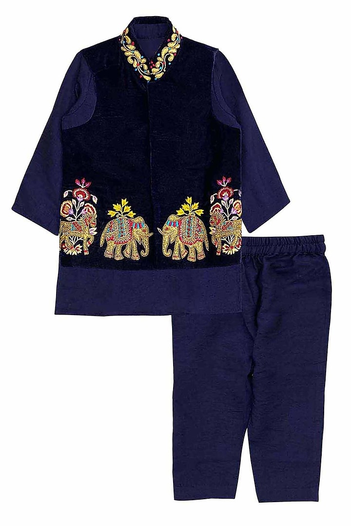Indigo Velvet Silk Thread Embroidered Bundi Jacket Set For Boys by Alyaansh Couture