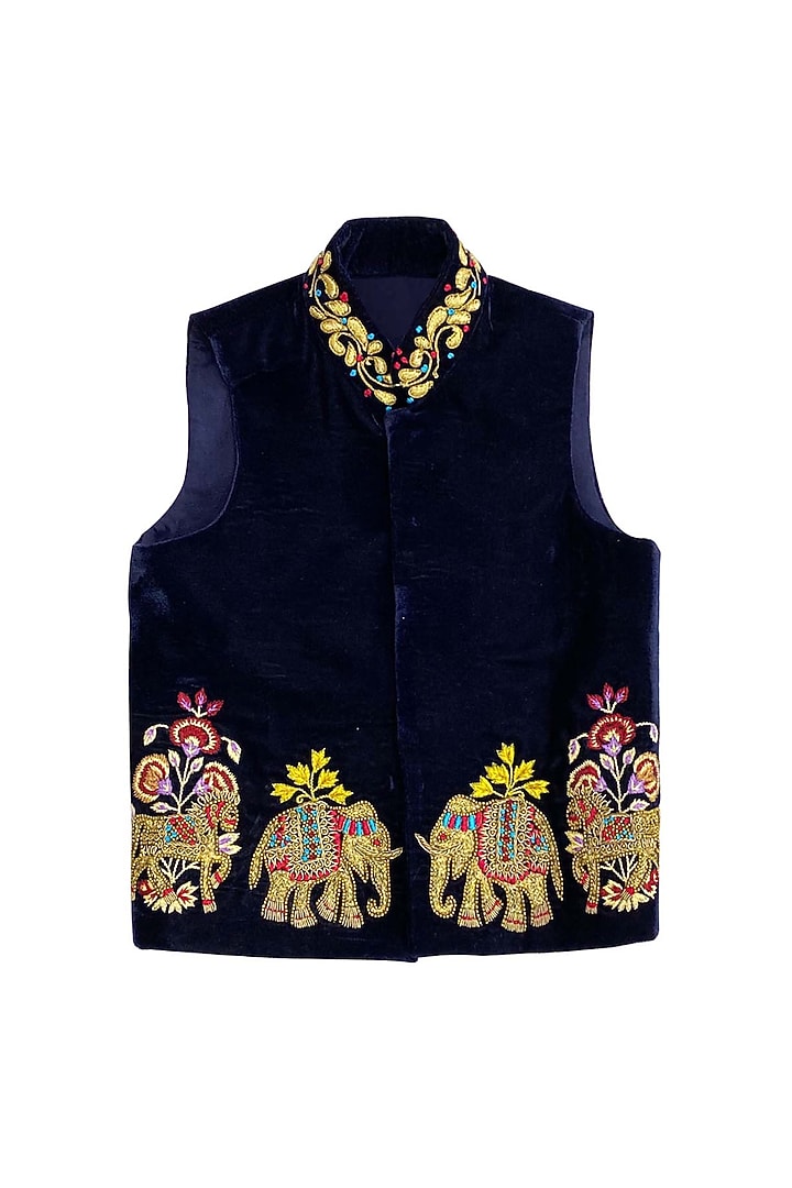 Indigo Velvet Silk Thread Embroidered Bundi Jacket Set For Boys by Alyaansh Couture at Pernia's Pop Up Shop