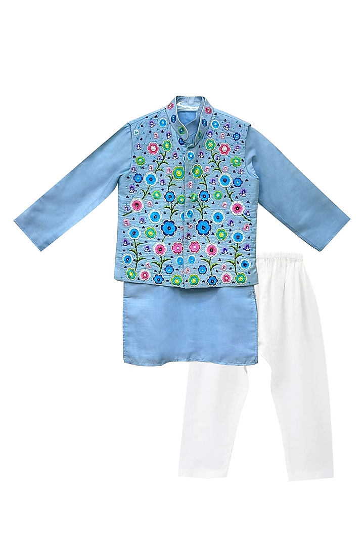 Light Blue Raw Silk Floral Machine Embroidered Bundi Jacket Set For Boys by Alyaansh Couture at Pernia's Pop Up Shop
