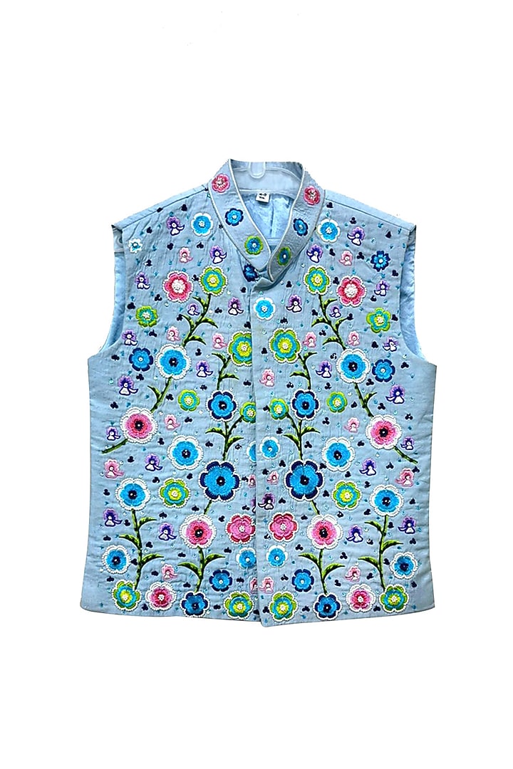Light Blue Raw Silk Floral Machine Embroidered Bundi Jacket Set For Boys by Alyaansh Couture at Pernia's Pop Up Shop