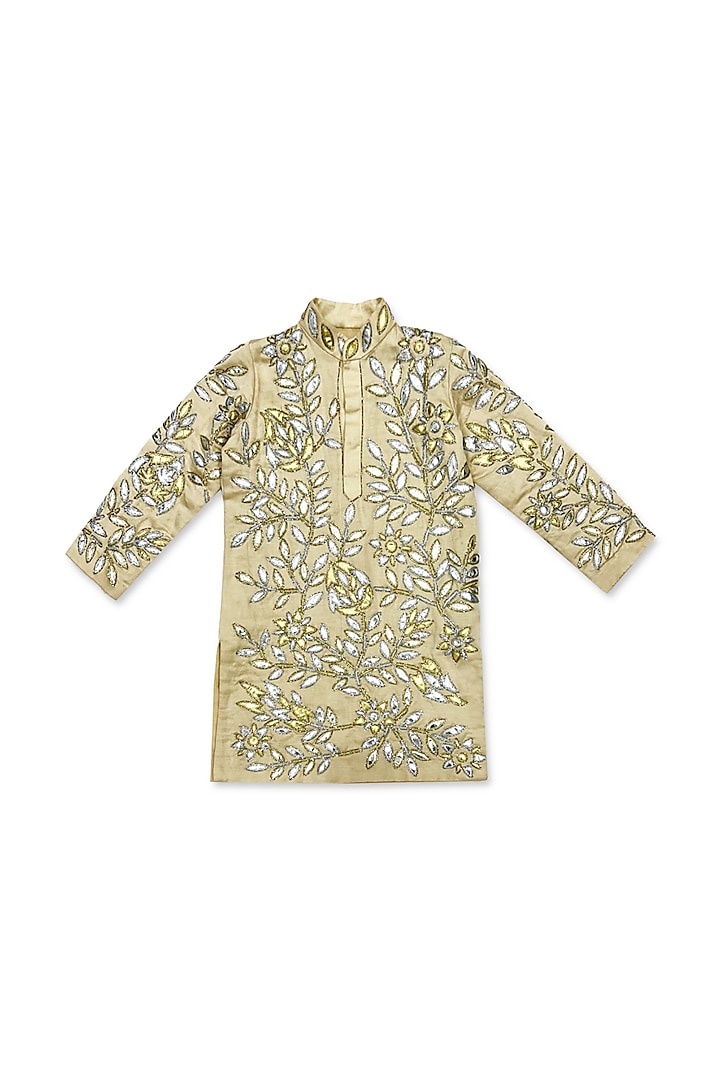 Golden Cotton Silk Floral Embellished Kurta Set For Boys by Alyaansh Couture