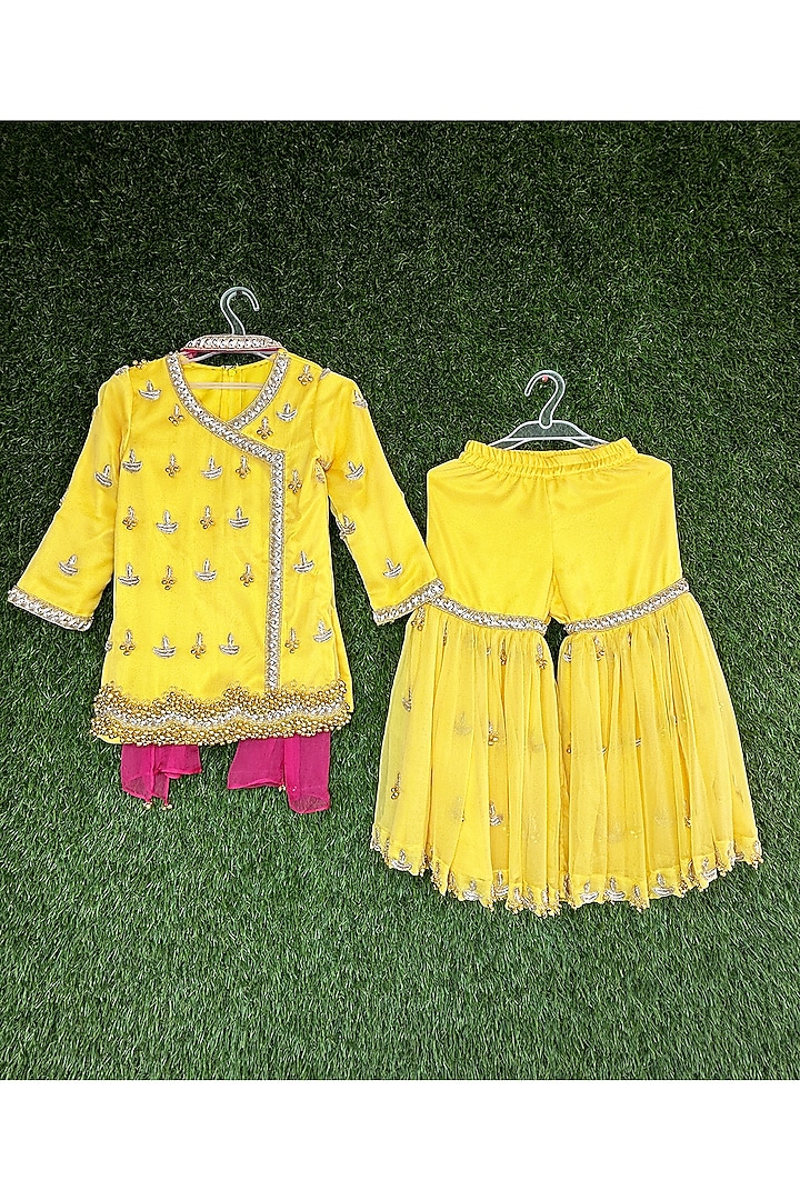 Yellow Chiffon Zardosi Motifs Embroidered Sharara Set For Girls by Alyaansh Couture at Pernia's Pop Up Shop