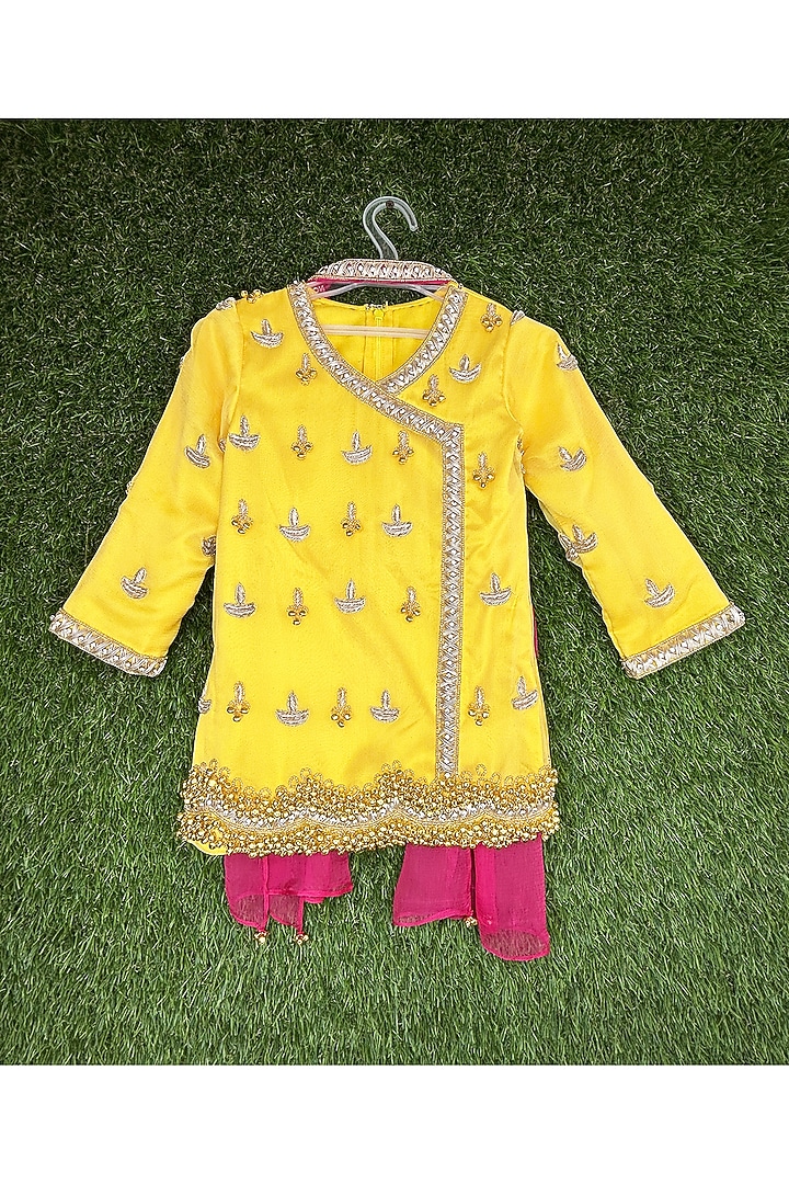 Yellow Chiffon Zardosi Motifs Embroidered Sharara Set For Girls by Alyaansh Couture at Pernia's Pop Up Shop