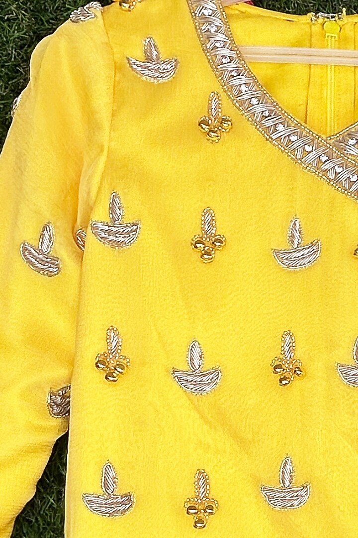 Yellow Chiffon Zardosi Motifs Embroidered Sharara Set For Girls by Alyaansh Couture at Pernia's Pop Up Shop