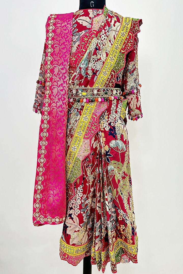 Multi-Colored Georgette Hand Embroidered & Printed Draped Saree Set For Girls by Alyaansh Couture