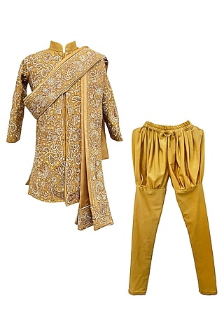 Beige Raw Silk Machine & Hand Embroidered Sherwani Set For Boys by Alyaansh Couture