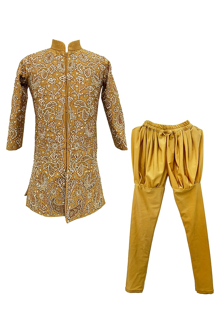 Beige Raw Silk Machine & Hand Embroidered Sherwani Set For Boys by Alyaansh Couture at Pernia's Pop Up Shop