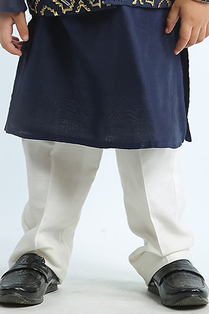 Blue Raw Silk Applique Work Bundi Jacket Set For Boys by Alyaansh Couture at Pernia's Pop Up Shop
