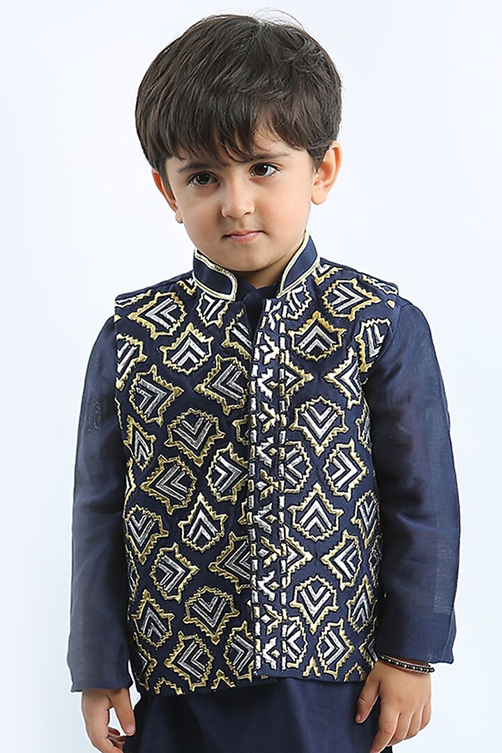 Blue Raw Silk Applique Work Bundi Jacket Set For Boys by Alyaansh Couture at Pernia's Pop Up Shop