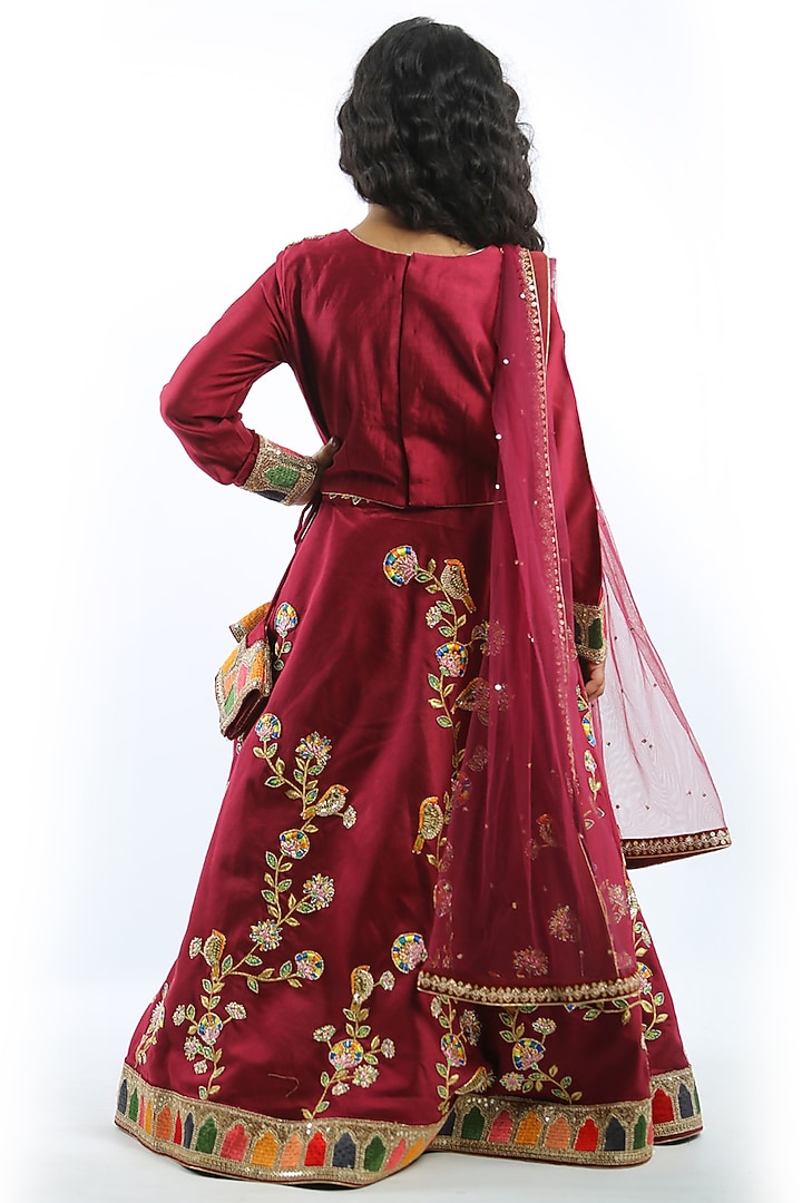 Maroon Chanderi Sequins & Cutdana Embroidered Lehenga Set For Girls by Alyaansh Couture at Pernia's Pop Up Shop