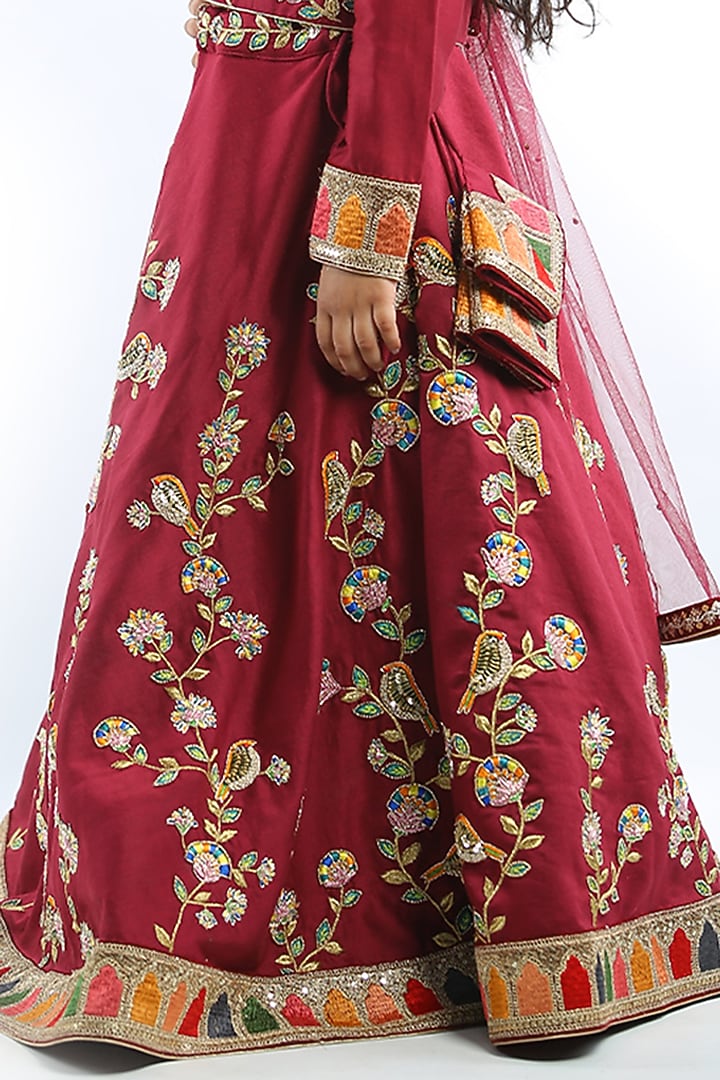 Maroon Chanderi Sequins & Cutdana Embroidered Lehenga Set For Girls by Alyaansh Couture at Pernia's Pop Up Shop