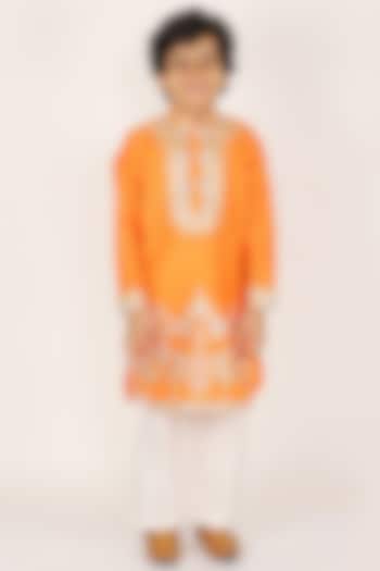 Orange Chanderi Applique Embroidered Kurta Set For Boys by Alyaansh Couture