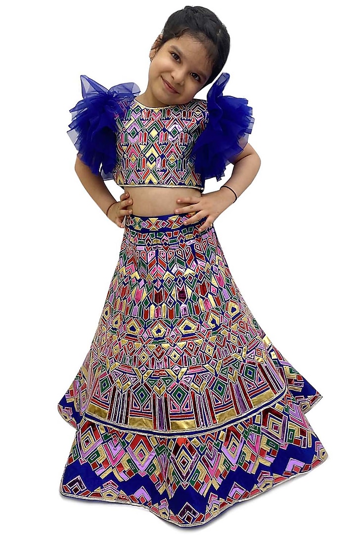 Multi-Colored Raw Silk Applique Embroidered Lehenga Set For Girls by Alyaansh Couture