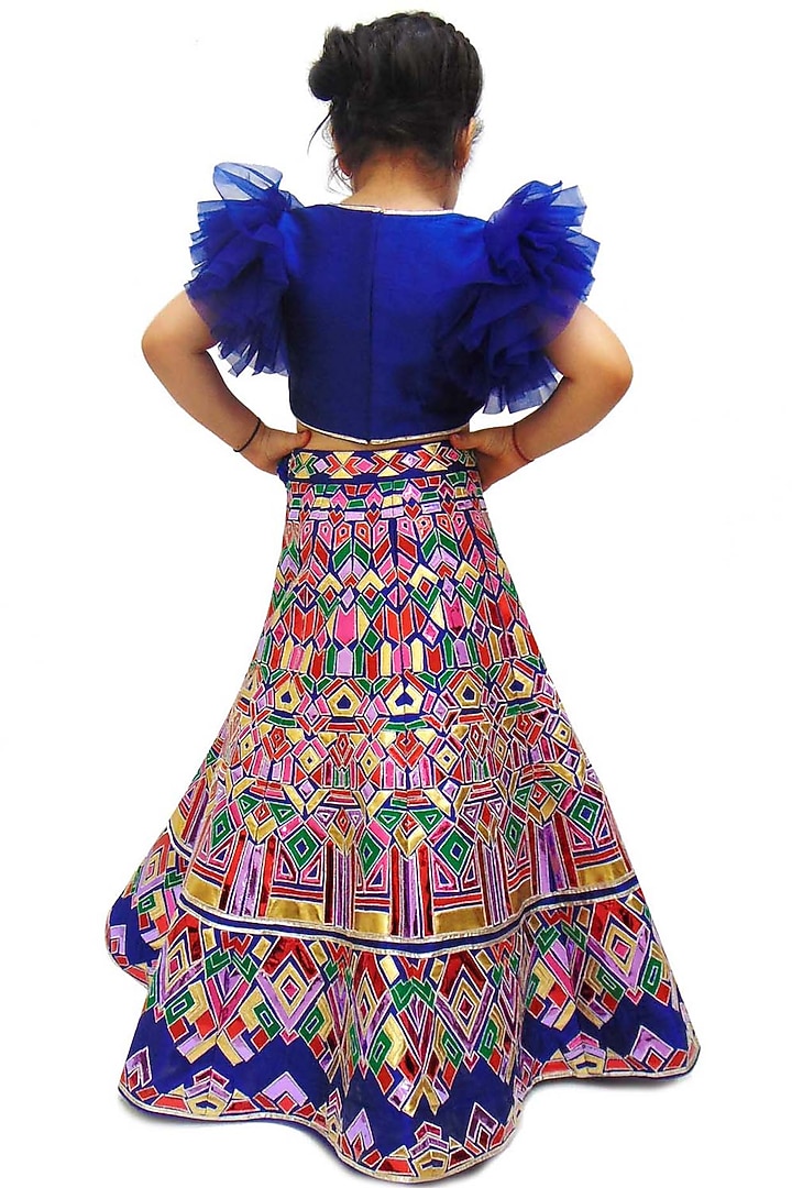 Multi-Colored Raw Silk Applique Embroidered Lehenga Set For Girls by Alyaansh Couture at Pernia's Pop Up Shop