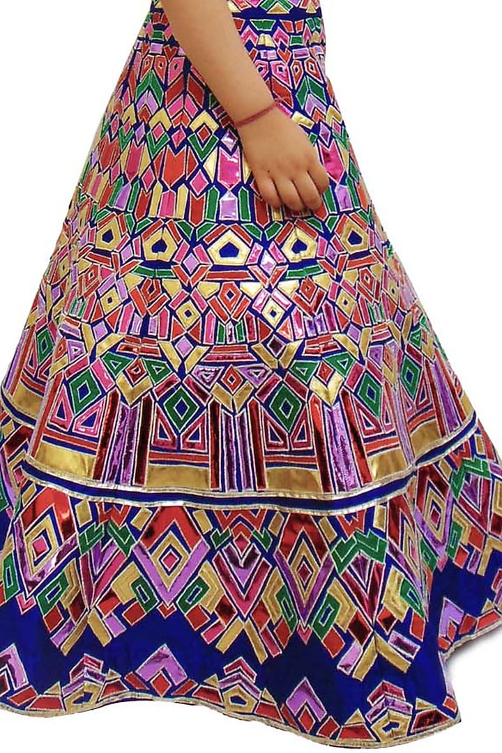 Multi-Colored Raw Silk Applique Embroidered Lehenga Set For Girls by Alyaansh Couture at Pernia's Pop Up Shop