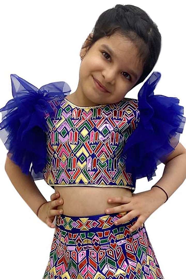 Multi-Colored Raw Silk Applique Embroidered Lehenga Set For Girls by Alyaansh Couture at Pernia's Pop Up Shop