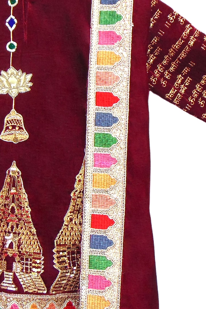 Maroon Velvet Zari Embroidered Kurta Set For Girls by Alyaansh Couture at Pernia's Pop Up Shop