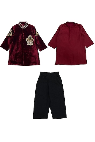 Wine Velvet Motif Embroidered Bandhgala Set For Boys by Alyaansh Couture