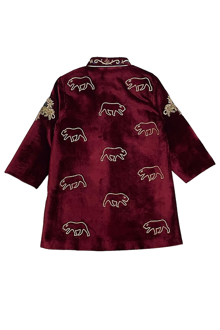 Wine Velvet Motif Embroidered Bandhgala Set For Boys by Alyaansh Couture at Pernia's Pop Up Shop