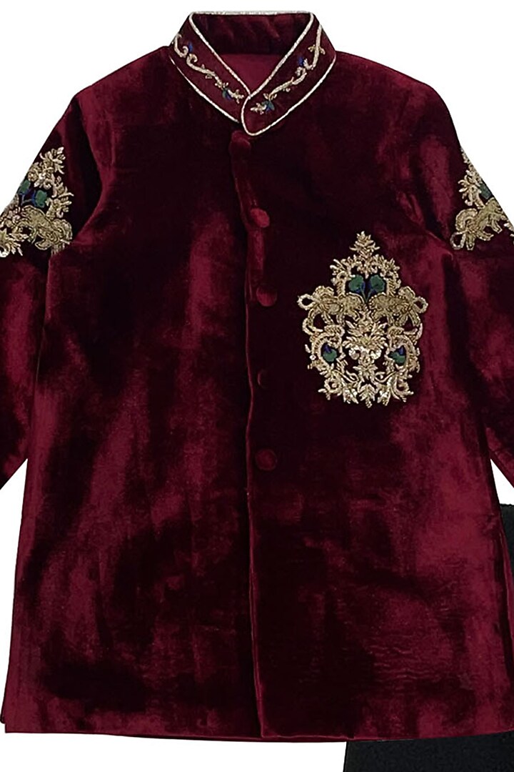 Wine Velvet Motif Embroidered Bandhgala Set For Boys by Alyaansh Couture at Pernia's Pop Up Shop