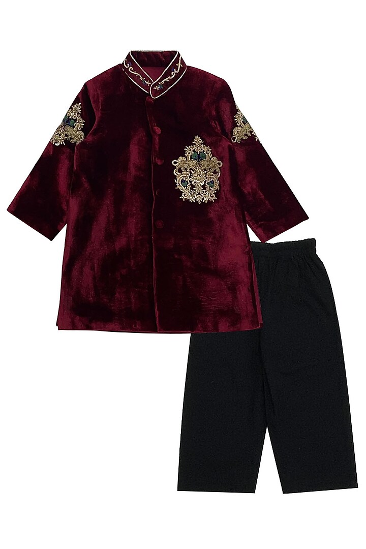 Wine Velvet Motif Embroidered Bandhgala Set For Boys by Alyaansh Couture at Pernia's Pop Up Shop