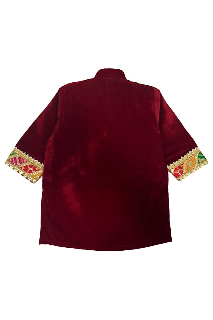 Maroon Velvet Lace Work Kurta Set For Boys by Alyaansh Couture at Pernia's Pop Up Shop