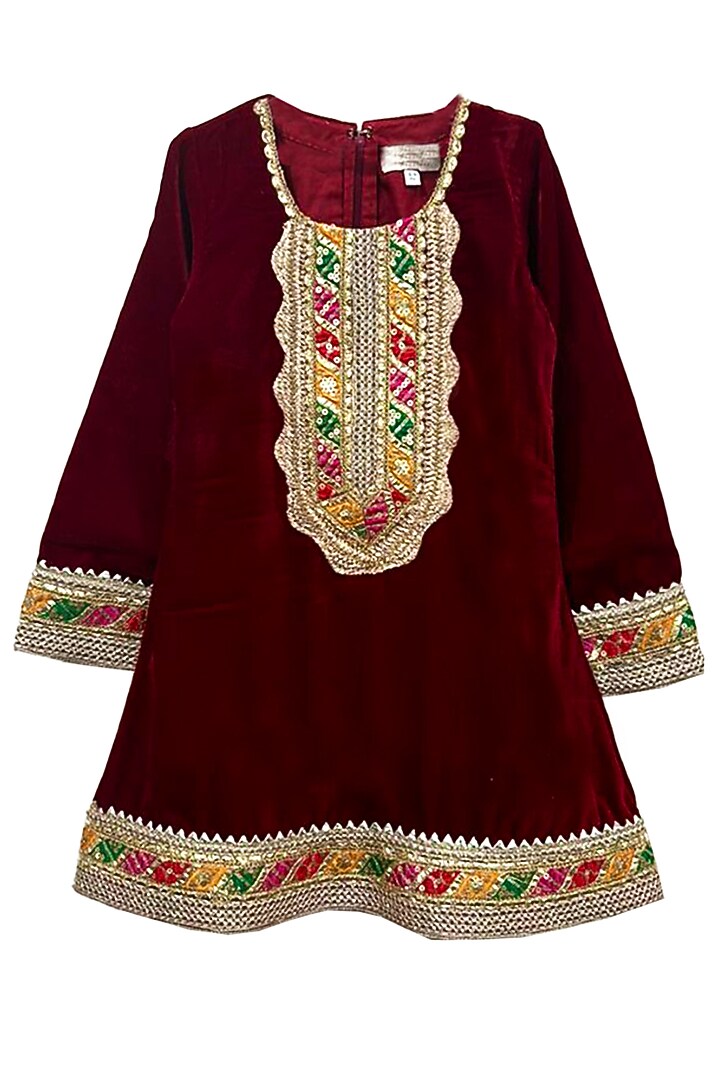 Maroon Velvet Lace Work Kurta Set For Girls by Alyaansh Couture at Pernia's Pop Up Shop