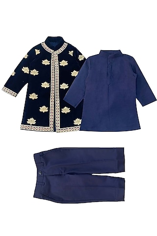 Blue Velvet Zari Embroidered Sherwani Set For Boys by Alyaansh Couture