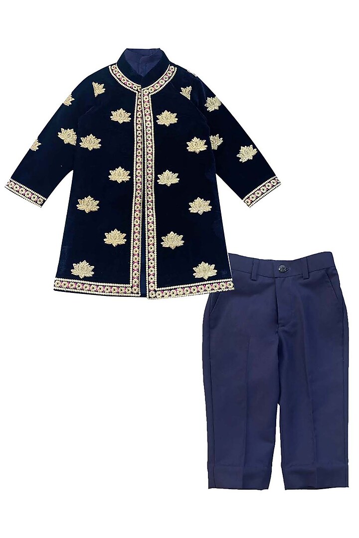 Blue Velvet Zari Embroidered Sherwani Set For Boys by Alyaansh Couture at Pernia's Pop Up Shop