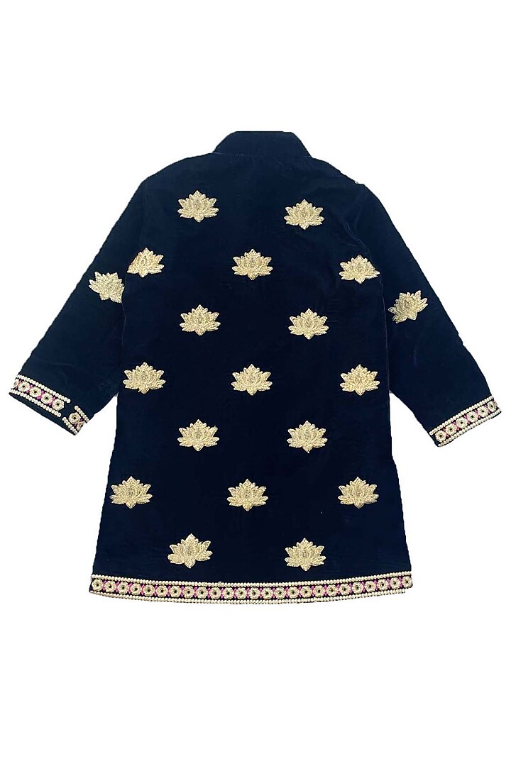 Blue Velvet Zari Embroidered Sherwani Set For Boys by Alyaansh Couture at Pernia's Pop Up Shop