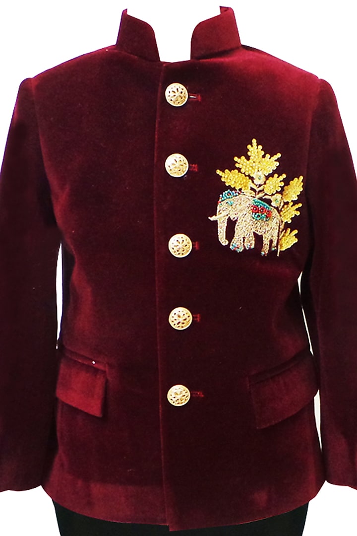 Burgundy Velvet Applique Motif Embroidered Bandhgala Set For Boys by Alyaansh Couture at Pernia's Pop Up Shop