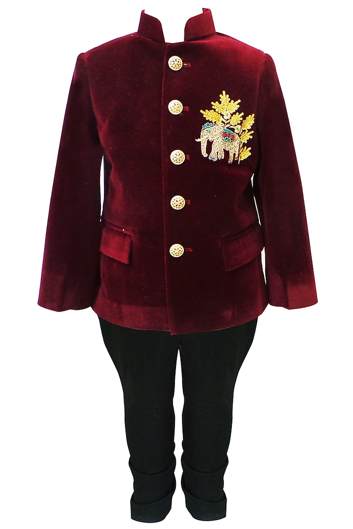 Burgundy Velvet Applique Motif Embroidered Bandhgala Set For Boys by Alyaansh Couture at Pernia's Pop Up Shop
