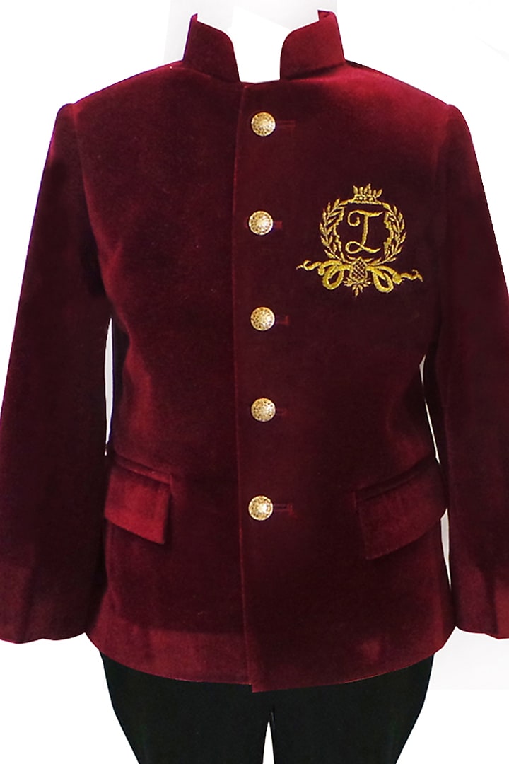 Maroon Velvet Motif Bandhgala Set For Boys by Alyaansh Couture at Pernia's Pop Up Shop