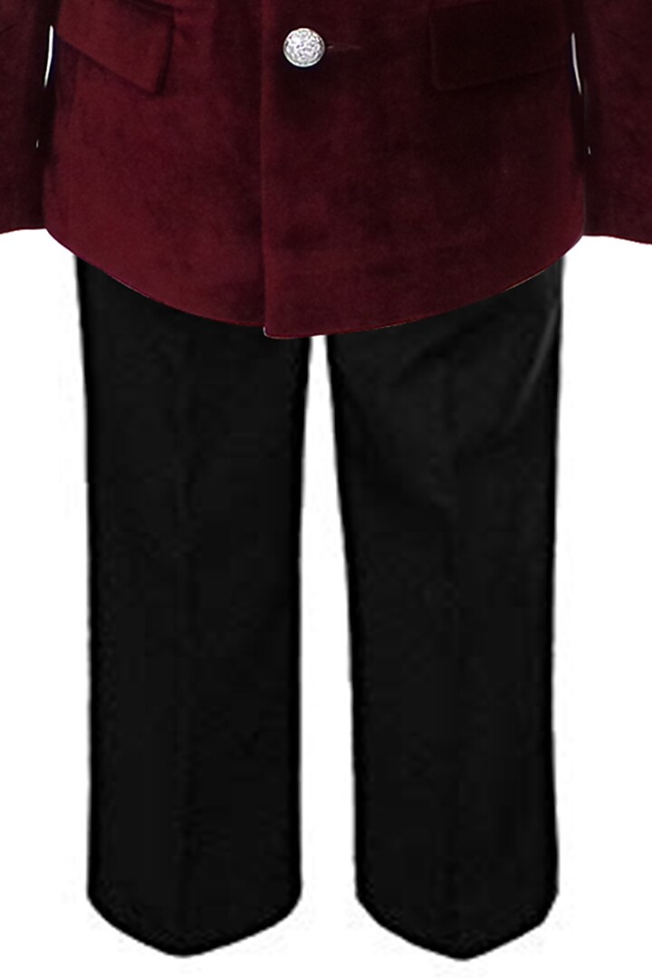 Maroon Velvet Mukaish Work Bandhgala Set For Boys by Alyaansh Couture at Pernia's Pop Up Shop