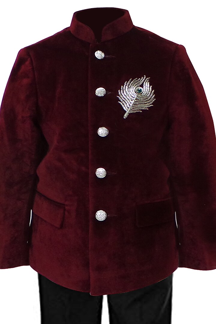 Maroon Velvet Mukaish Work Bandhgala Set For Boys by Alyaansh Couture at Pernia's Pop Up Shop
