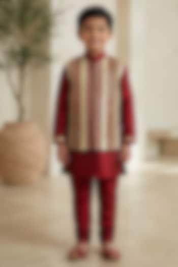Wine Cotton Silk Lace Embellished Bundi Jacket Set For Boys by Alyaansh Couture at Pernia's Pop Up Shop