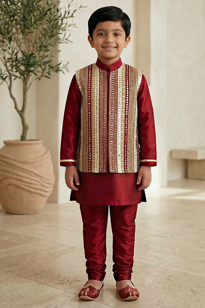 Wine Cotton Silk Lace Embellished Bundi Jacket Set For Boys by Alyaansh Couture at Pernia's Pop Up Shop