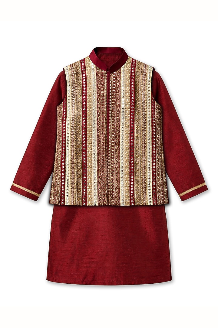 Wine Cotton Silk Lace Embellished Bundi Jacket Set For Boys by Alyaansh Couture at Pernia's Pop Up Shop
