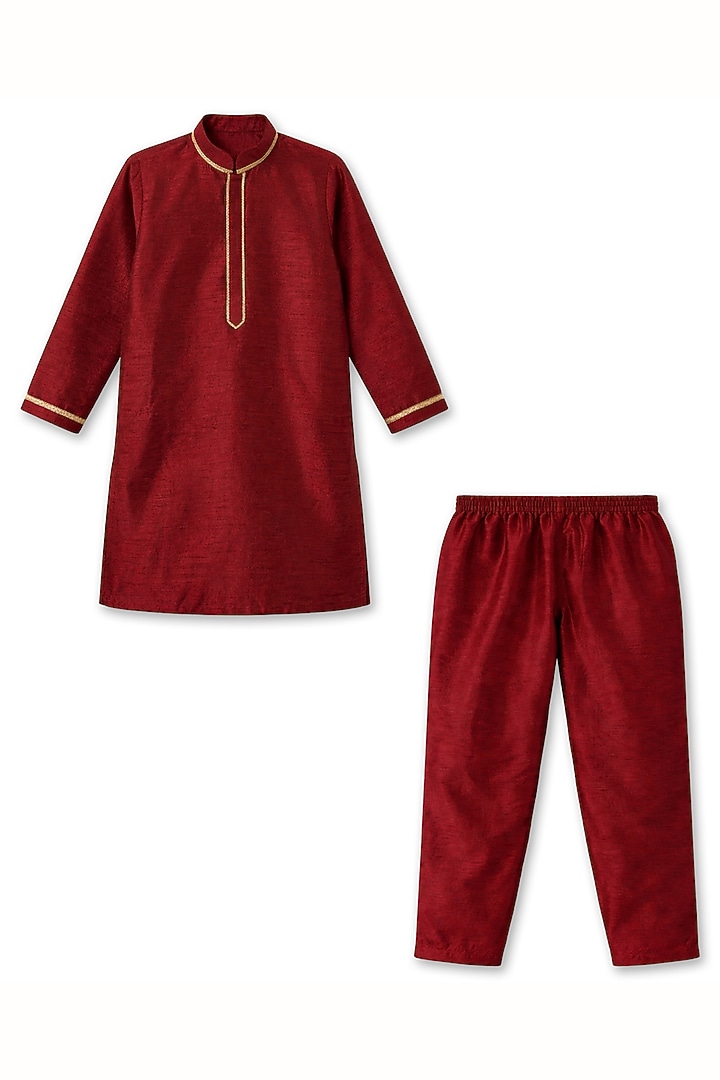 Wine Cotton Silk Lace Embellished Bundi Jacket Set For Boys by Alyaansh Couture at Pernia's Pop Up Shop