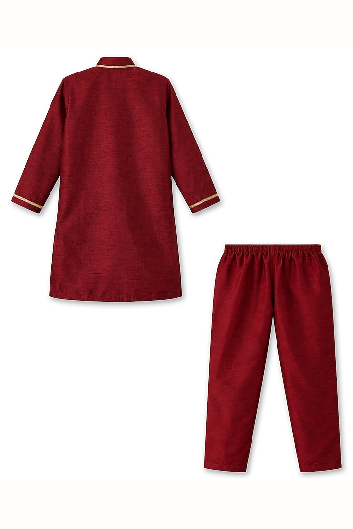 Wine Cotton Silk Lace Embellished Bundi Jacket Set For Boys by Alyaansh Couture at Pernia's Pop Up Shop