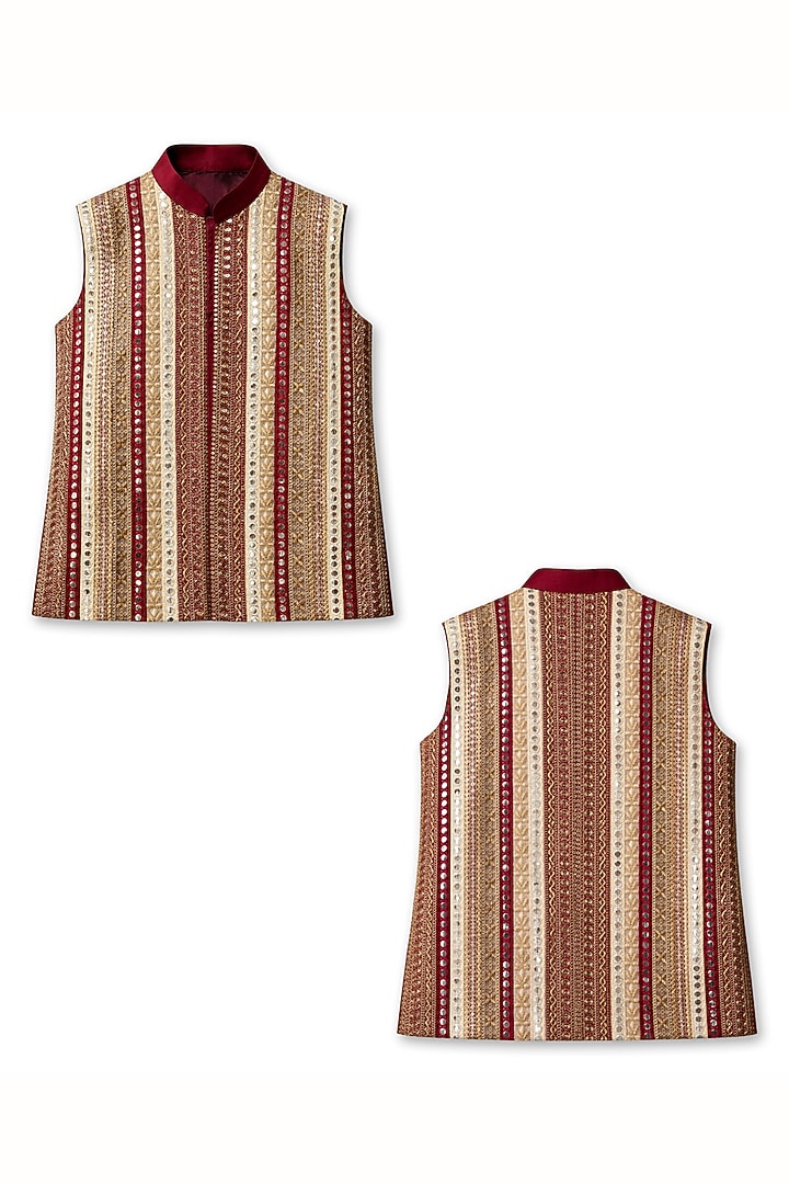 Wine Cotton Silk Lace Embellished Bundi Jacket Set For Boys by Alyaansh Couture at Pernia's Pop Up Shop