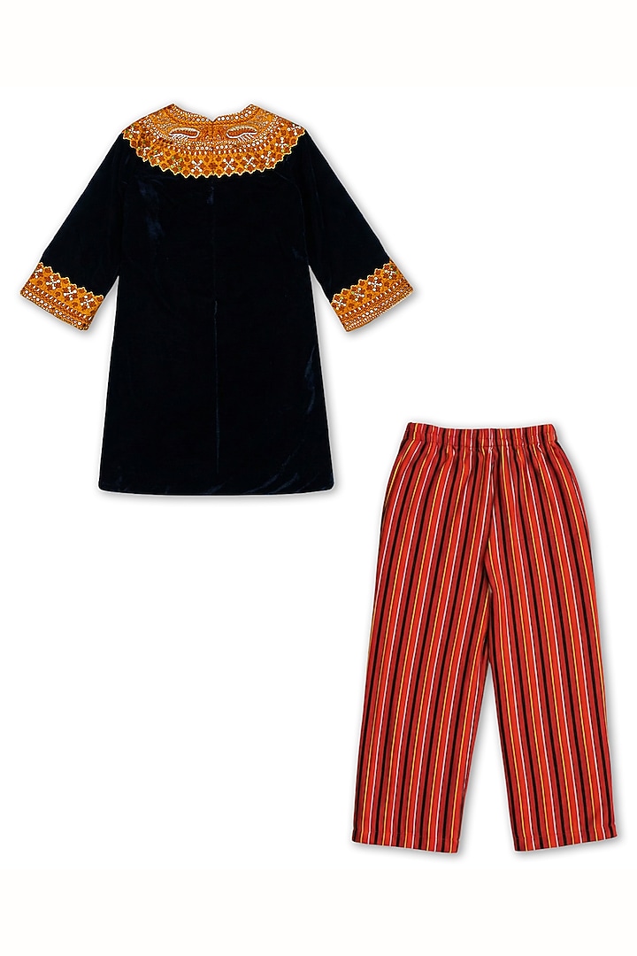 Blue Velvet Patch Hand Embroidered Kurta Set For Girls by Alyaansh Couture at Pernia's Pop Up Shop