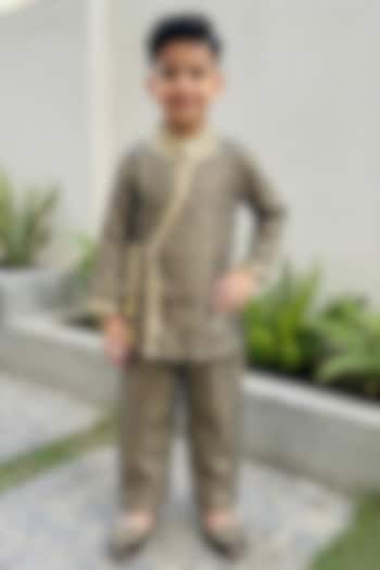 Black Tissue Silk Angrakha Set For Boys by Alyaansh Couture at Pernia's Pop Up Shop