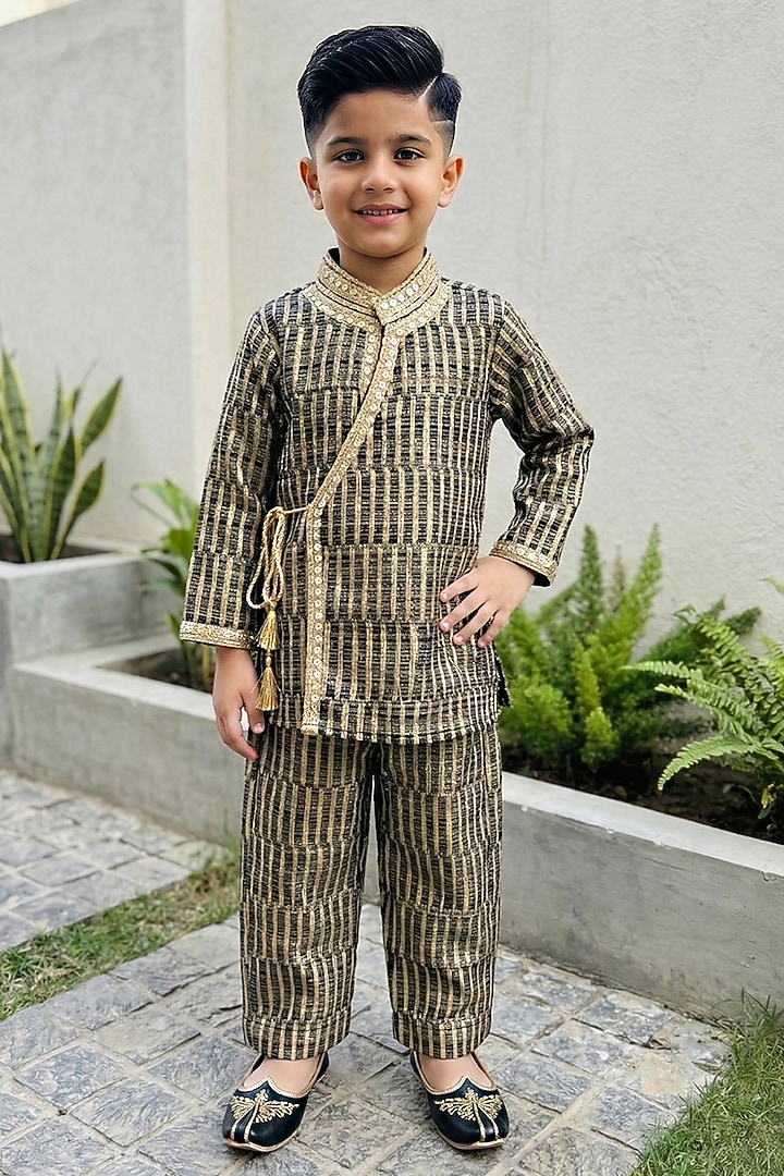 Black Tissue Silk Angrakha Set For Boys by Alyaansh Couture at Pernia's Pop Up Shop